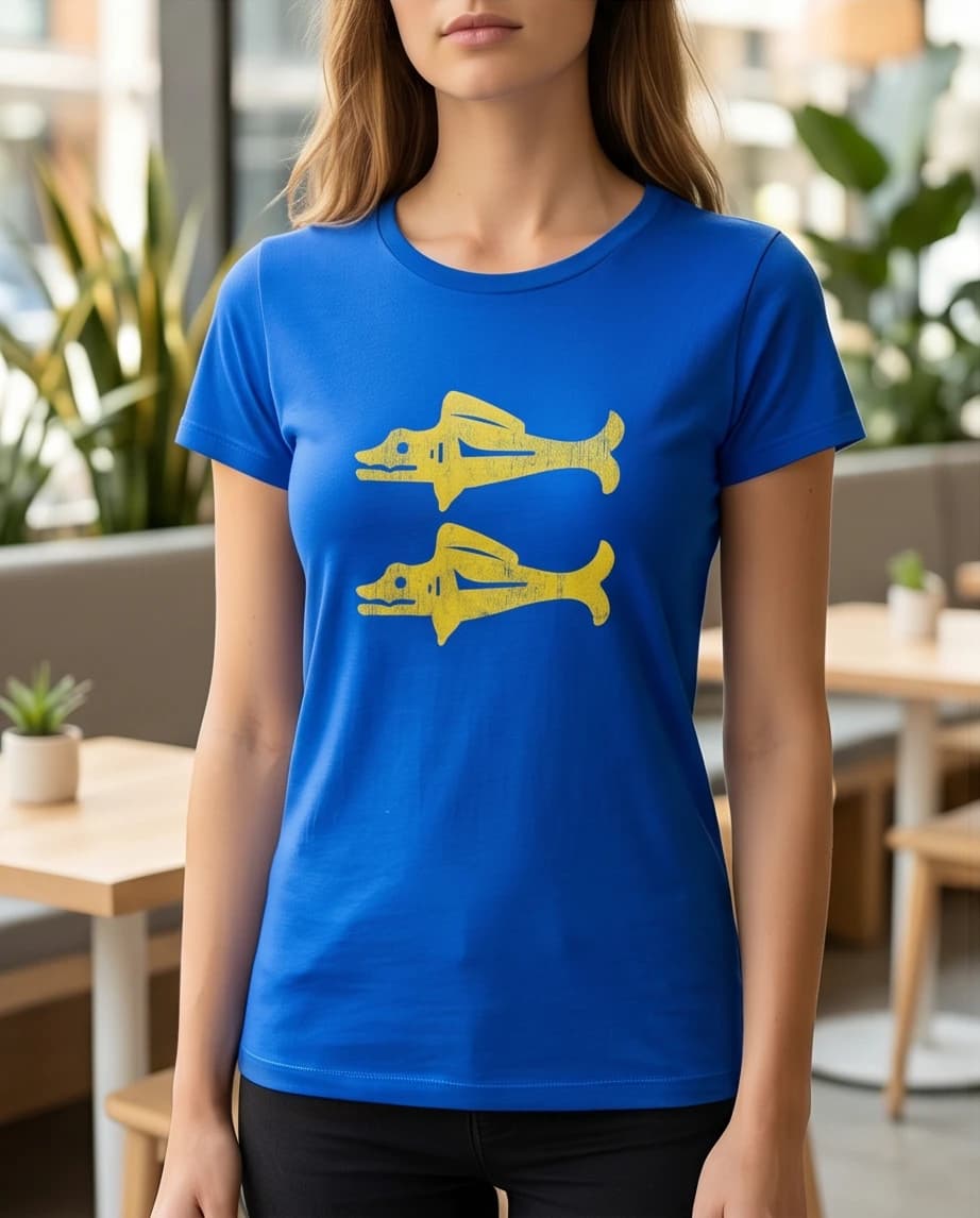 Niebieski t-shirt z autorskim nadrukiem ryb - widok 2