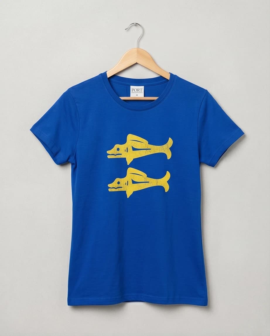 Niebieski t-shirt z autorskim nadrukiem ryb