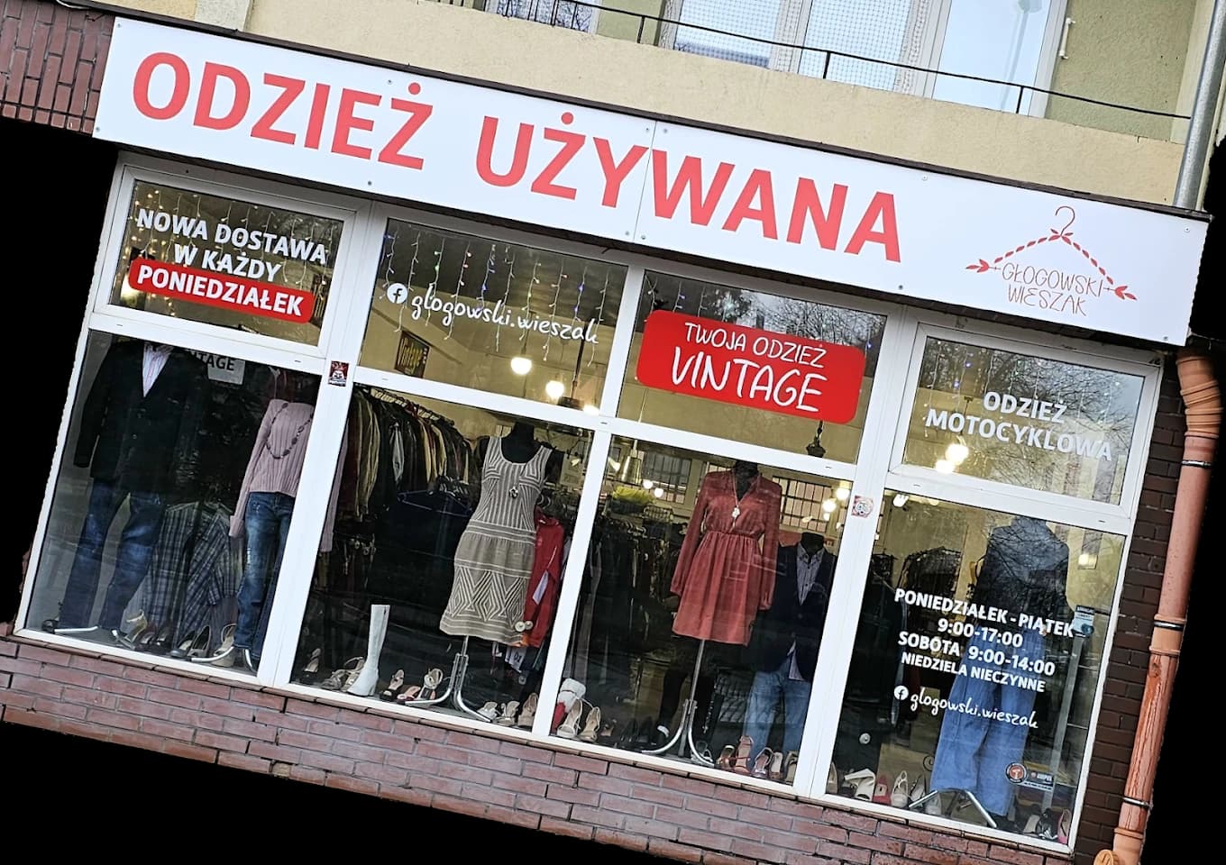 Witryna sklepu Głogowski Wieszak — odzież używana, vintage i motocyklowa