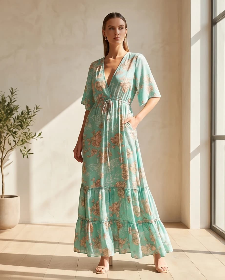 Zielona sukienka maxi w kwiaty