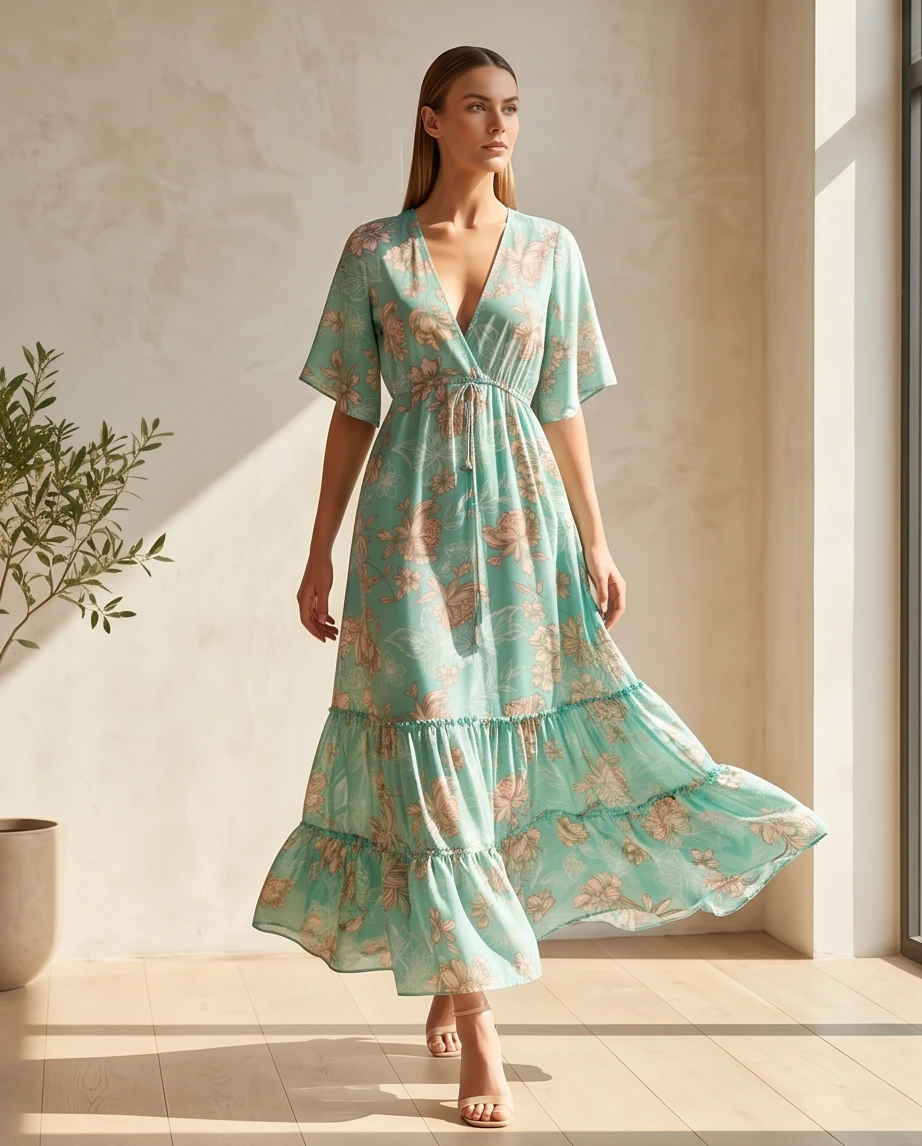 Zielona sukienka maxi w kwiaty  3
